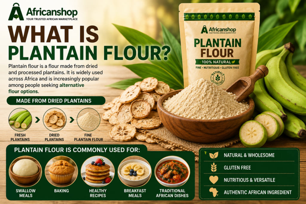 What is plantain flour African flour made from dried plantains used for swallow meals baking healthy recipes and traditional African dishes