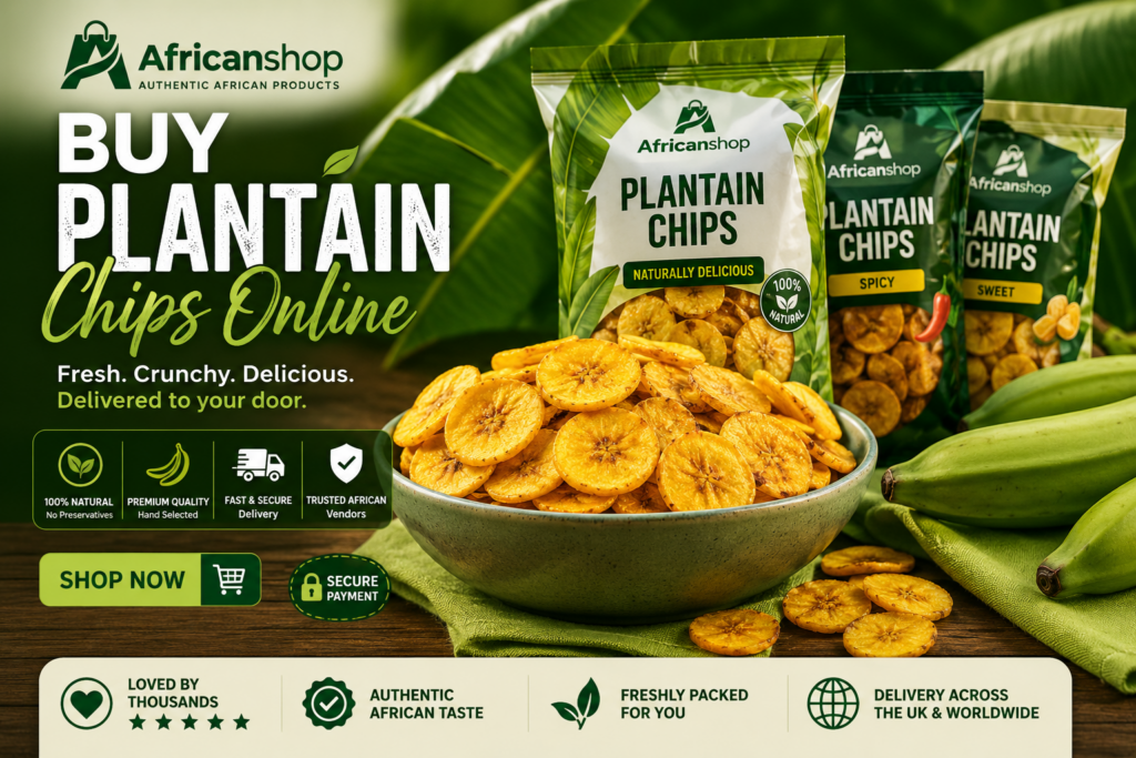 Buy plantain chips online from Africanshop with fresh crunchy African plantain chips packed for delivery