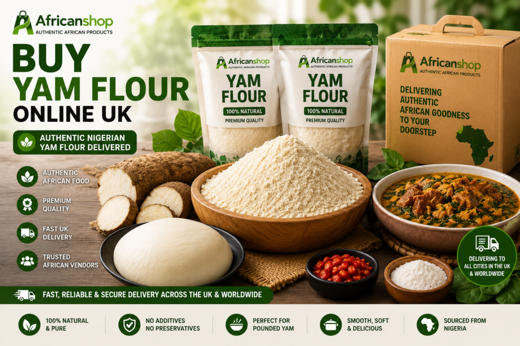 Buy yam flour online UK from Africanshop with authentic Nigerian yam flour packed for delivery