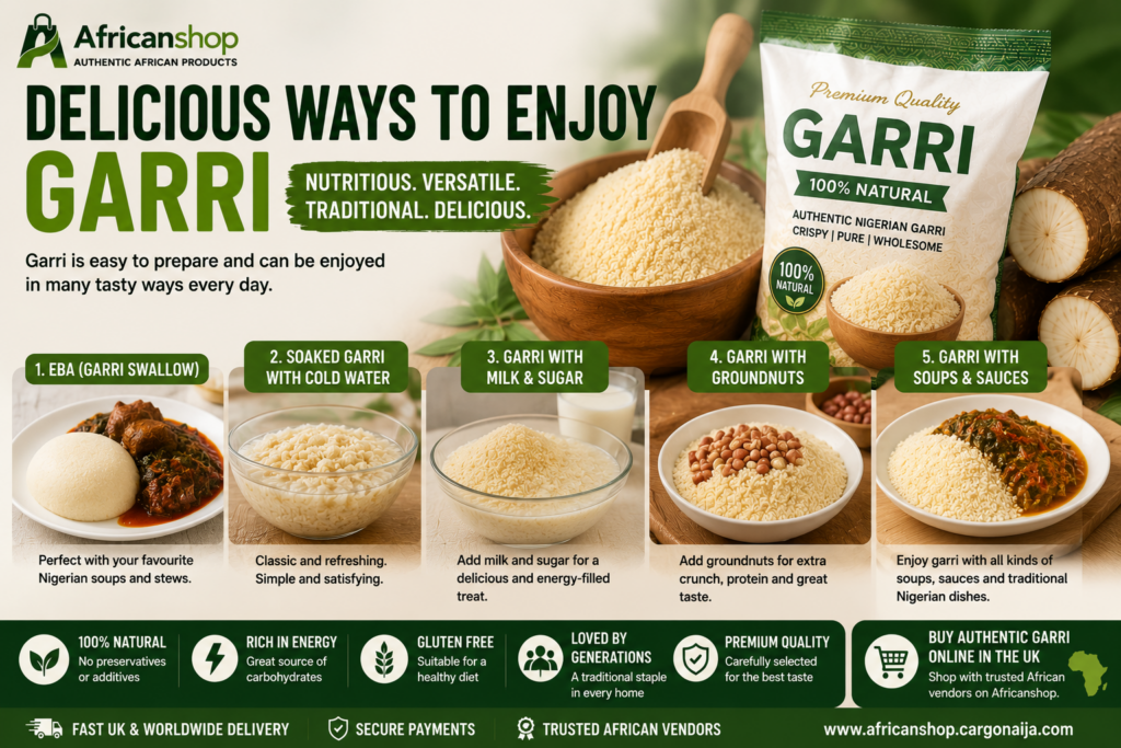 garri for eba soaked garri milk sugar groundnuts soups and traditional Nigerian meals