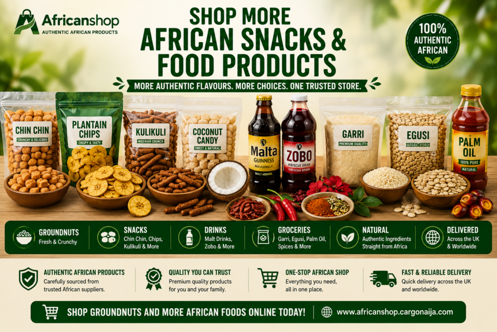 groundnuts chin chin plantain chips kulikuli coconut candy malt drinks zobo garri egusi and African spices online