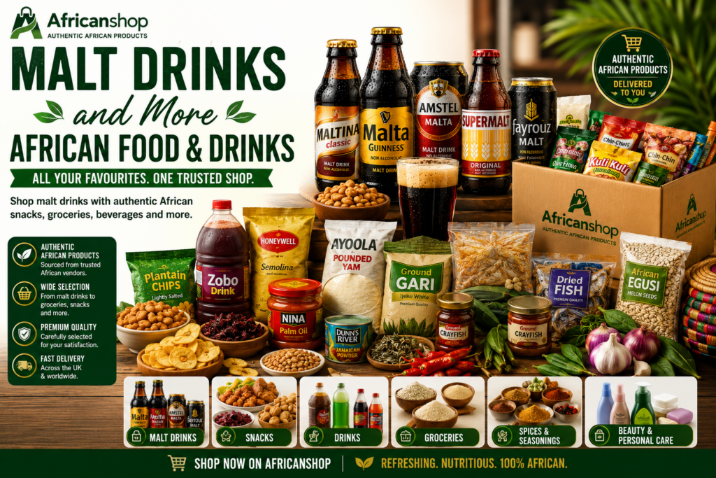 malt drinks chin chin plantain chips groundnuts zobo garri egusi palm oil and African spices online