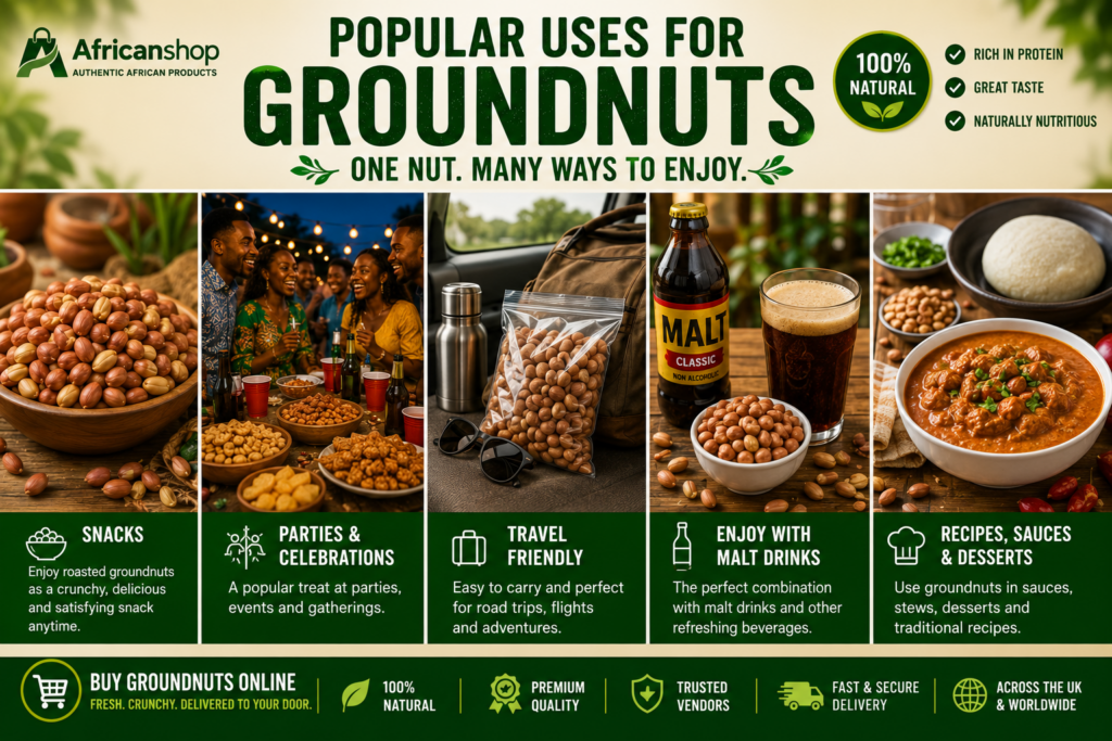 groundnuts for snacks parties travel malt drinks African recipes sauces and desserts