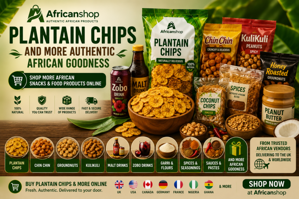 Plantain chips with chin chin groundnuts kulikuli malt drinks zobo garri and African snacks online