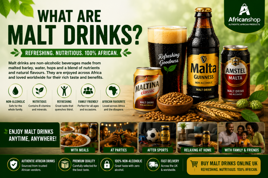 malt drinks are non alcoholic beverages made from malted barley and enjoyed across Africa