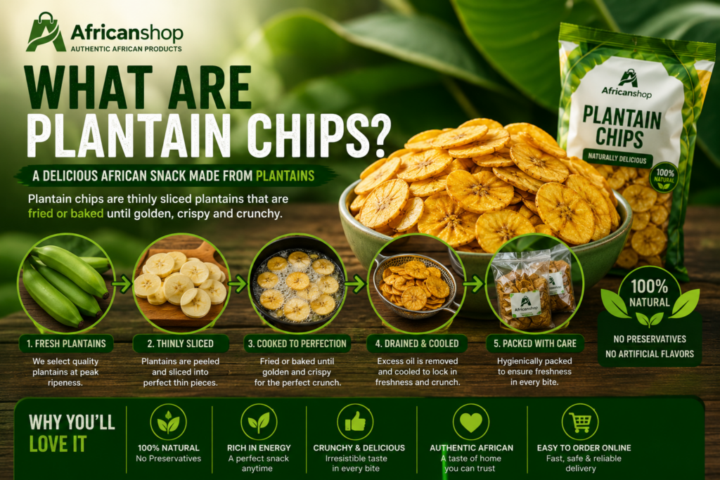 Plantain chips made from sliced plantains fried or baked until crispy and crunchy
