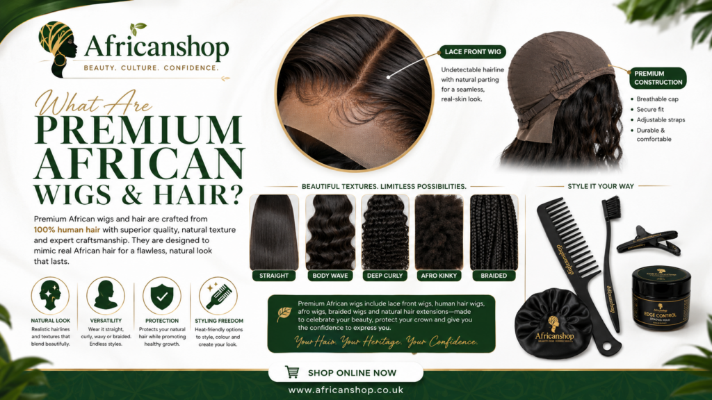 premium African wigs include lace front wigs human hair wigs afro wigs braided wigs and natural hair extensions