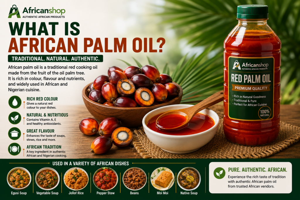 African palm oil is a traditional red cooking oil used in Nigerian soups stews rice dishes and African meals