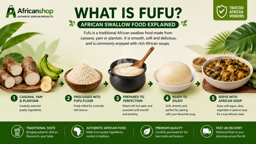 fufu is a traditional African swallow food made from cassava yam or plantain and served with soups