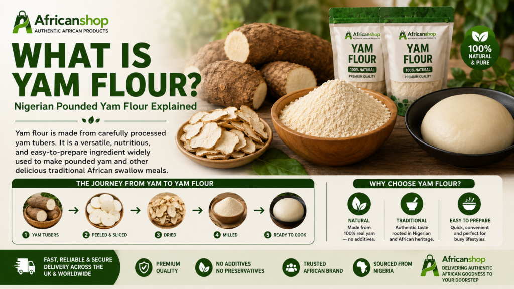 yam flour is made from processed yam and used for pounded yam and African swallow meals